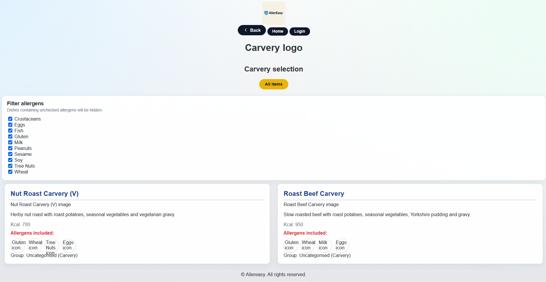 Screenshot of AllerEasy guest-facing menu